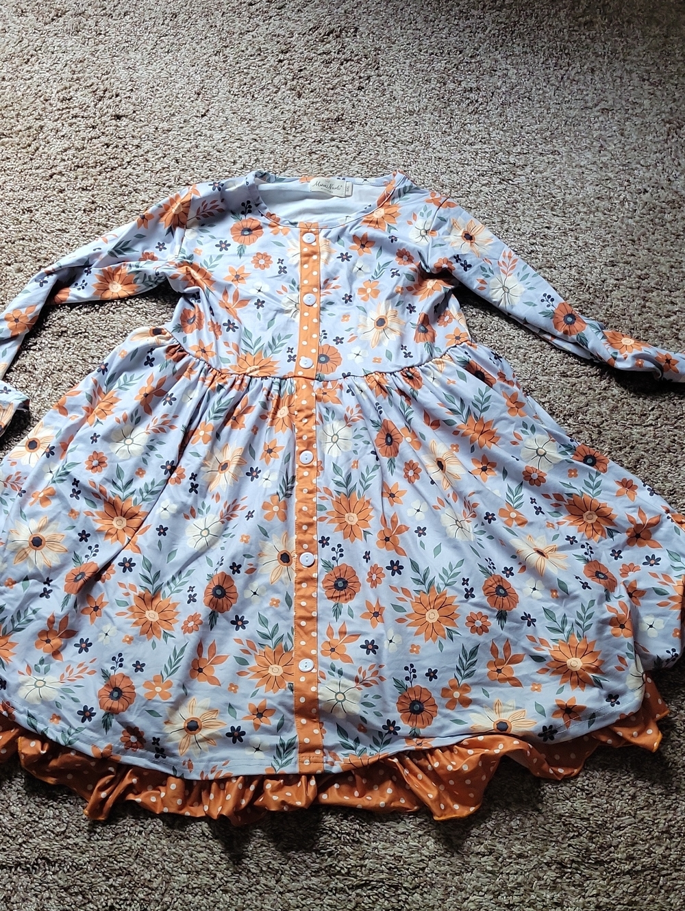Girls' Orange Floral Button-Front Dress